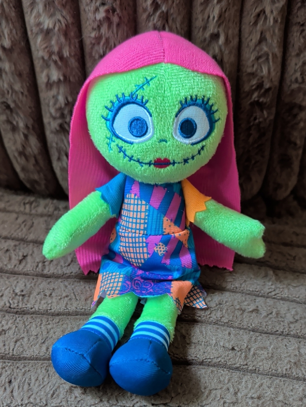 Disney Neon Green Plush Doll with Pink Hair and Blue Outfit